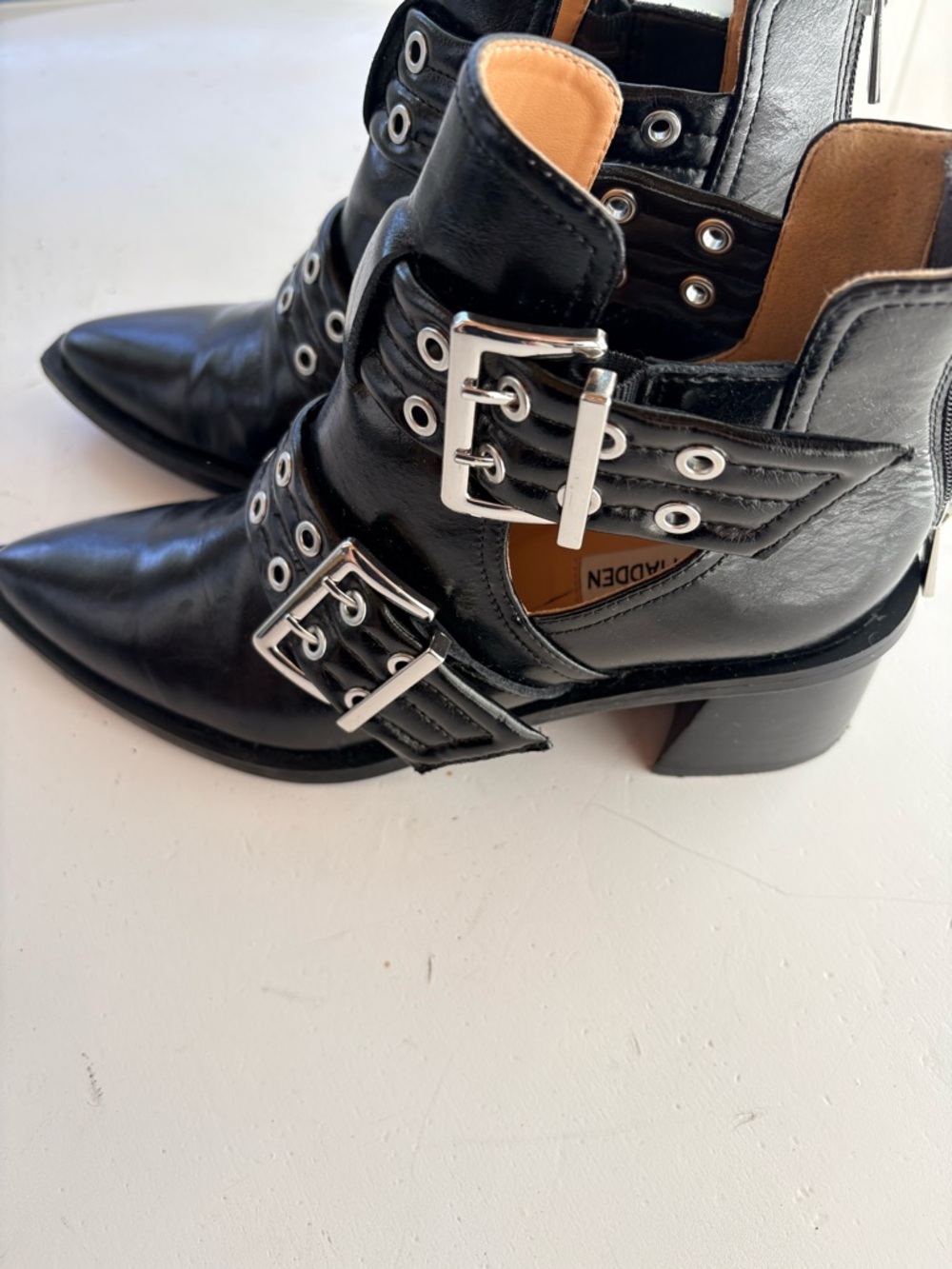 Women's Steve Madden Black Pointed-Toe Buckle Ankle Boots - Picture 4 of 11